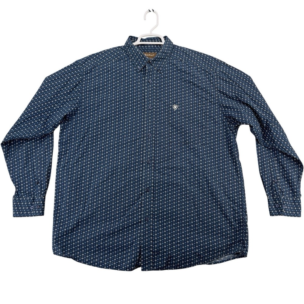 Ariat Mens XL Blue Geometric Print Button Down Long Sleeve Western Shirt Cotton